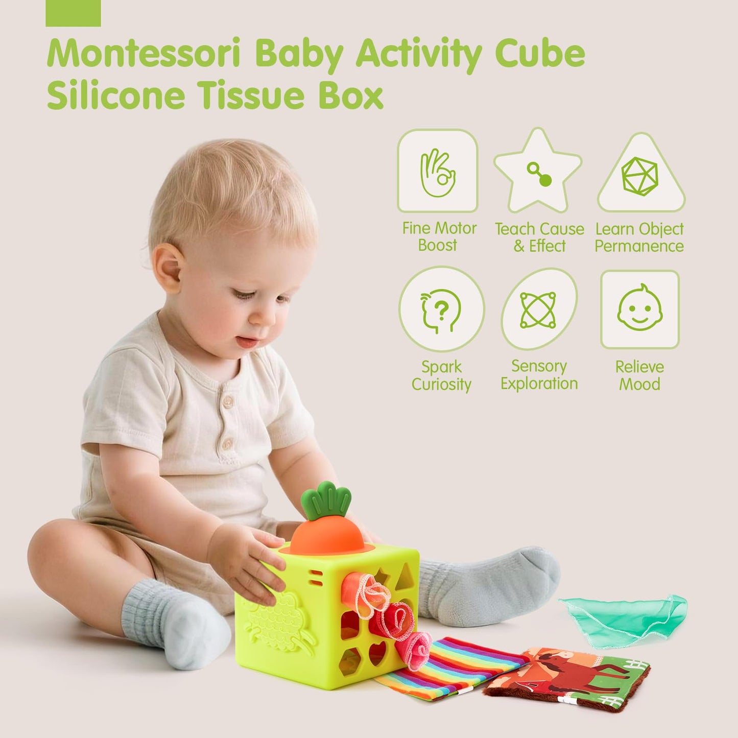 hahaland Silicone Baby Tissue Box Toy - Baby Toys 6-12 Months Montessori Toys for 6 Month Old Babies, 6-in-1 Soft Busy Activity Cube with Scarves, Crinkle, Textures, Mirror, Sensory Popper 9 Month Old