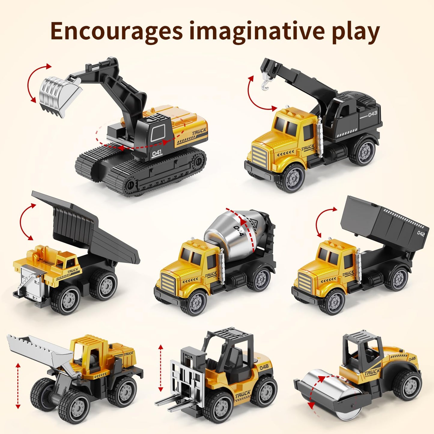 HONGTUO Alloy Mini Construction Vehicles, 8Pcs Die-cast Construction Toys Set, Excavators Mixer Truck Bulldozers Forklift Dump Truck, Pull Back Car Toys for Toddlers Kids Boys & Girls