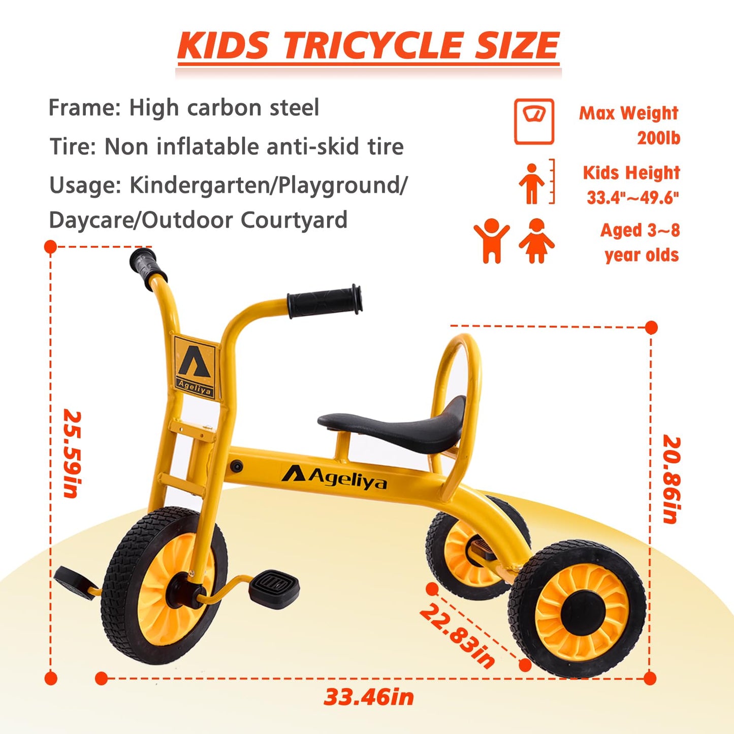 Ageliya Preschool Kids Tricycle for Rider Age 3-5, Durable Metal Pedal Trike for Boys Girls, Big Kid Tricycle with Non-Slip Grip, Solid Rubber Tires -Outdoor Playschool Daycare Playground Equipment