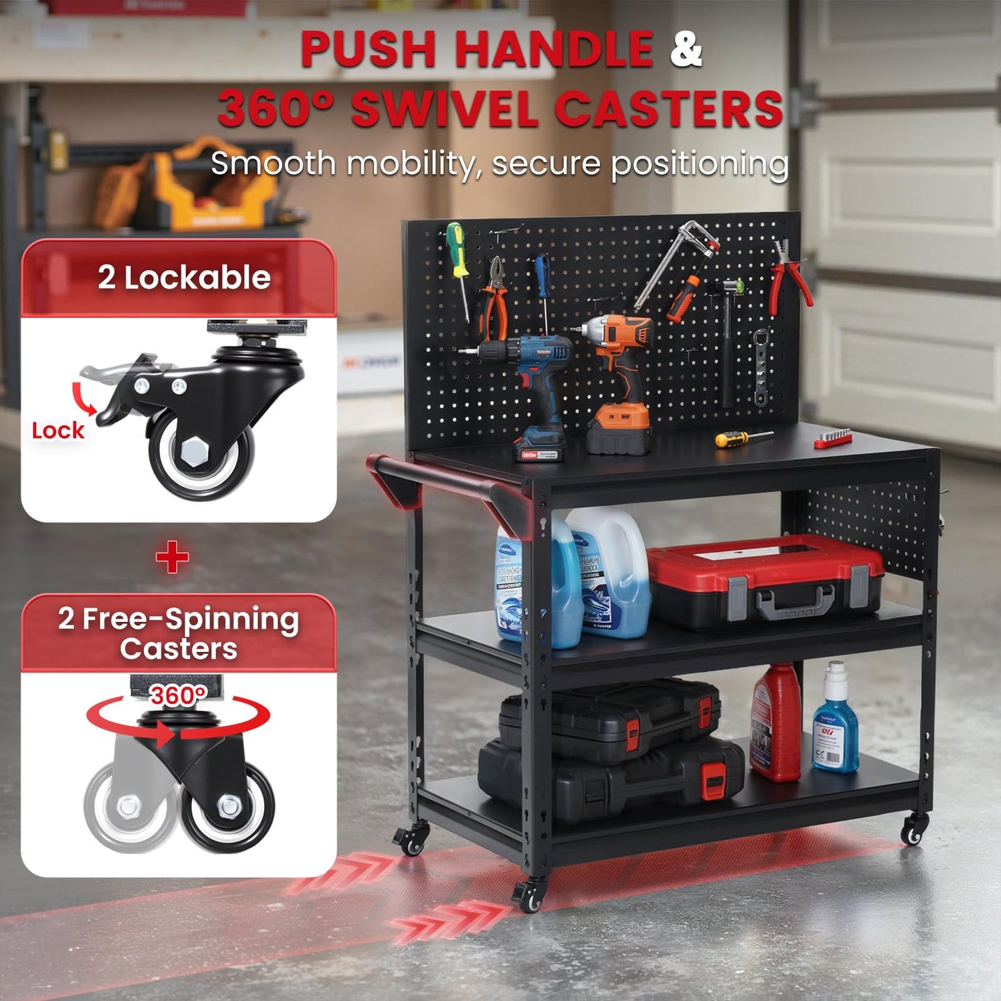 ENJOYWOOD Workbench with Dual Pegboards 3-Tier Adjustable Rolling Work Table Heavy Duty Metal Tool Bench with Push Handle & Wheels Mobile Workstation for Garage, Workshop, Warehouse