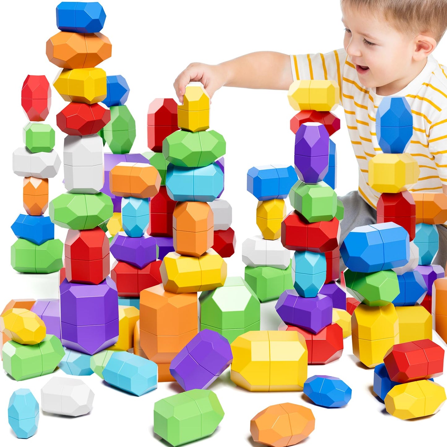 Lucky Doug 50 PCS Extra-Large Stacking Rocks Toys for Age 1-3 2-4, Safe Montessori Stacking Building Blocks Stones Toddlers Toy for 1 2 3 4 Year Old Boy Girl, Sensory Toys Gifts for Kids Age 1-2 2-4