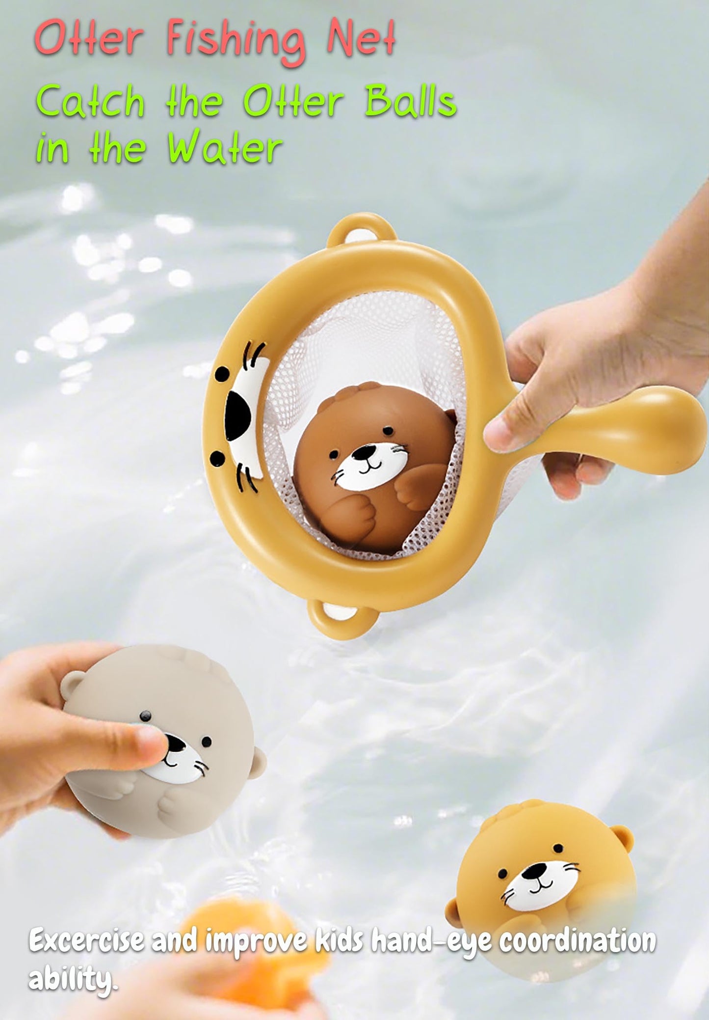 Rinnland Otter Bath Toy, Otter Family Tub Toy Bathtub Floating Toy for Kids - Soft Vinyl and ABS Plastic Material - No Hole One-Piece Design (Otter Playset + Baketball Hoop + Fishing Net + 2 Balls)
