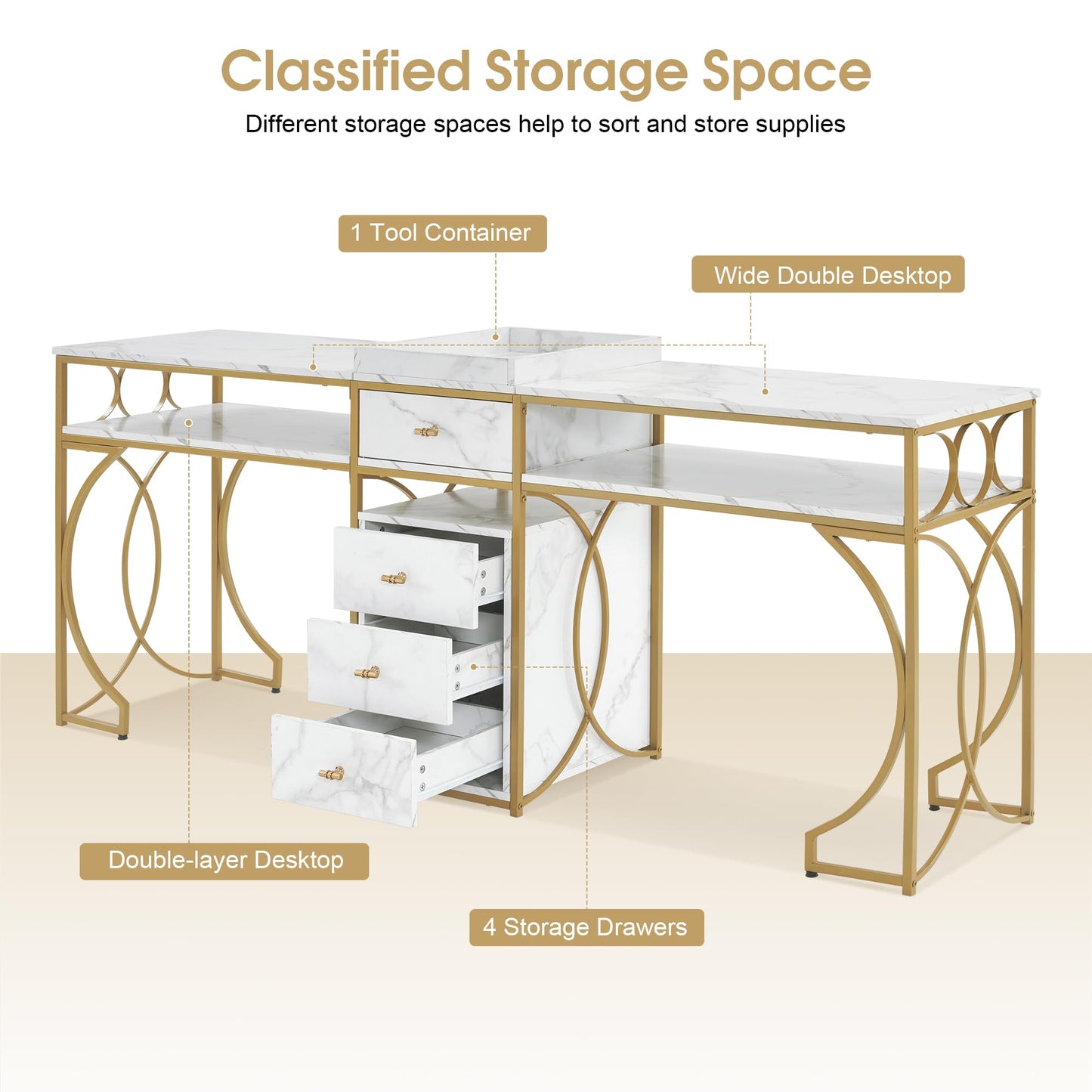 BarberPub Double Manicure Table, Nail Marbling Texture Station for 2 Person, Long Nail Desk with Storage Drawers & Metal Frame 2488 (White)