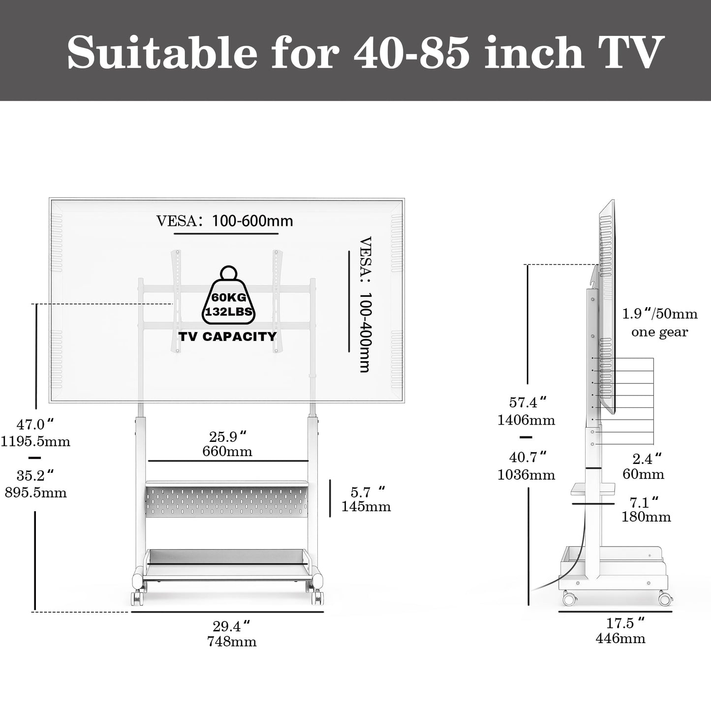 FITUEYES Rolling TV Stand Mount for 40 to 85 TVs，Mobile TV Floor Stand on Wheels with Large Storage Pegboard & Wooden Shelf,Heavy Duty TV Cart Hold Up to 132 lbs for Bedroom, Living Room, Office