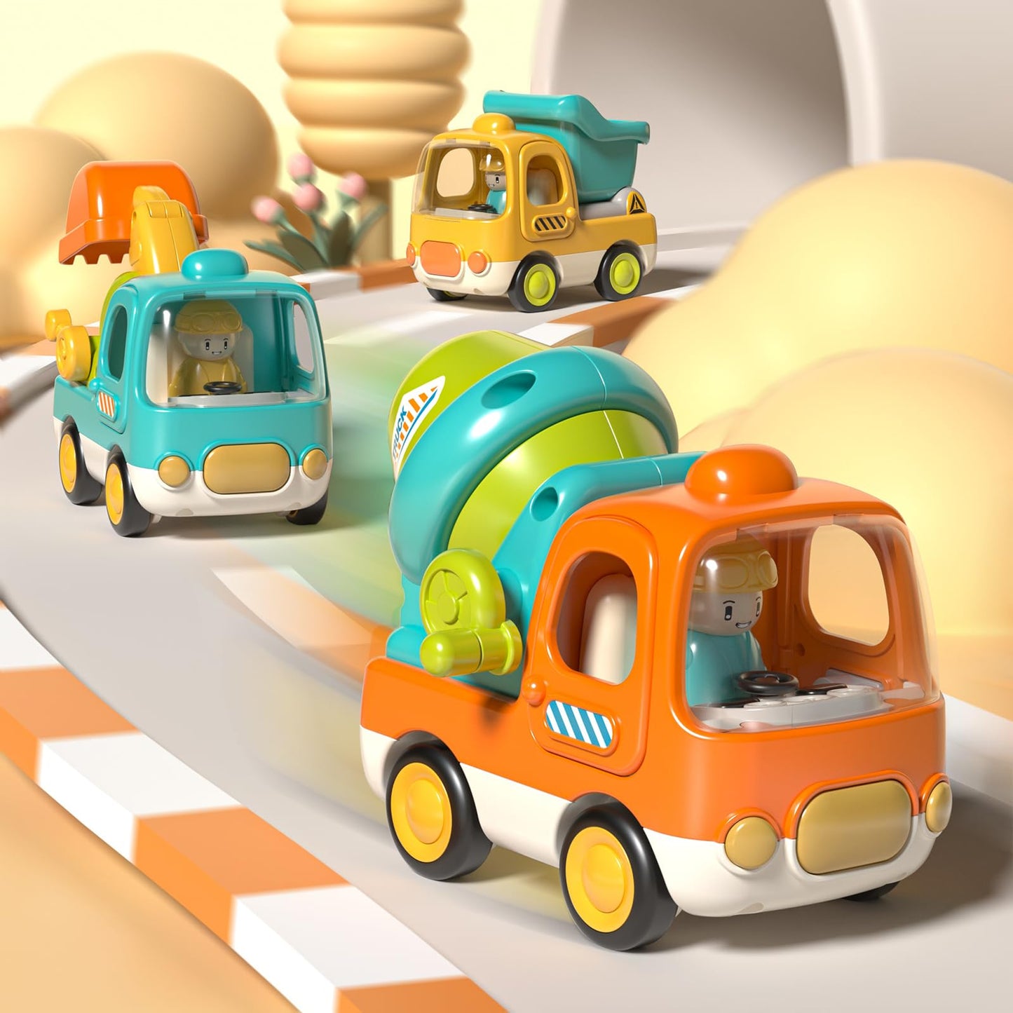 PANITU Baby Toys Push Cars for 1 2 3 Year Old Friction Powered Construction 3 Pack Friction Vehicle Set Excavator Dumper Cement Mixer Truck Lights and Musial Toys Birthday Gifts for Toddlers 1-3