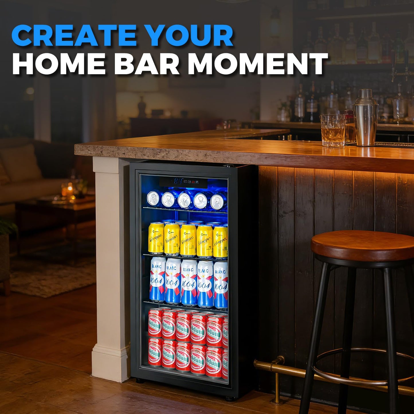 BINGERMA Under Counter Beverage Refrigerator 4.0 Cu.Ft, Glass Door Drink Fridge with Blue LED Light and Adjustable Temperature for Soda, Beer and Cans, Compact Mini Bar for Kitchen and Office