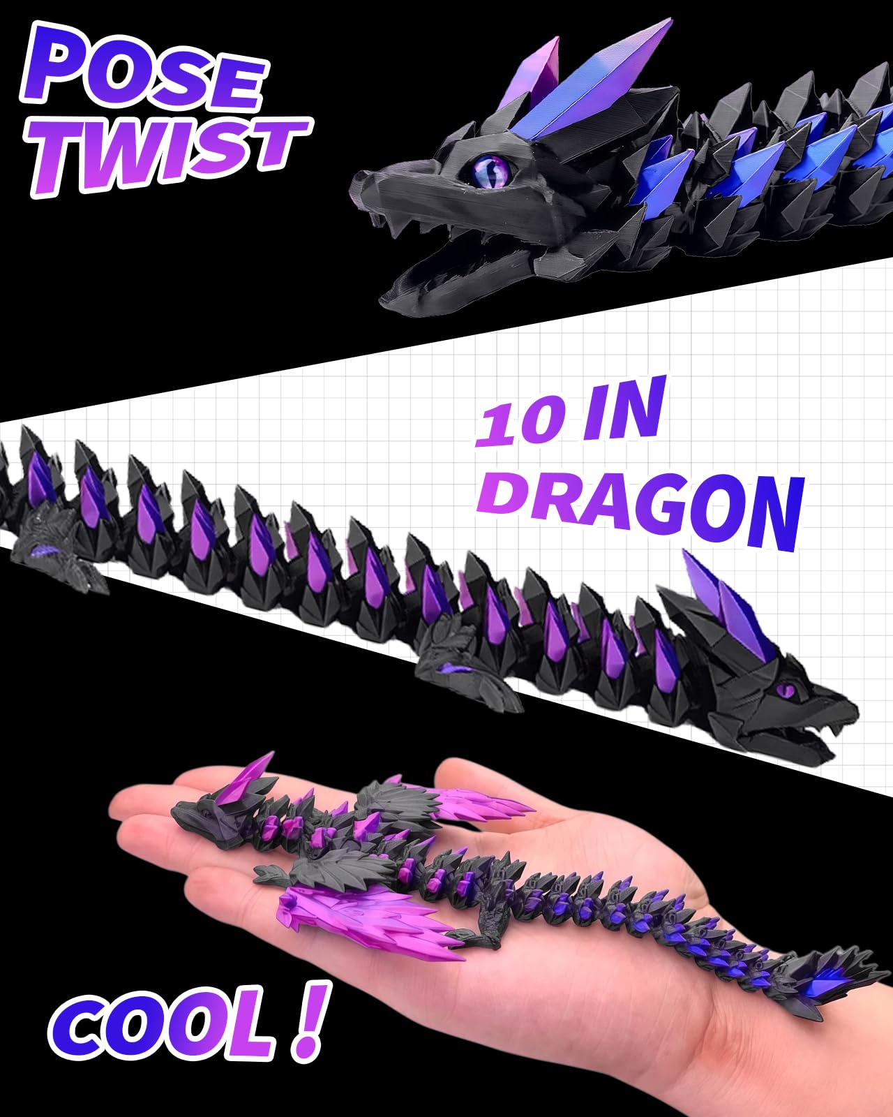 TJYZGXQ 4 Pcs 24in 3D Printed Dragon，Large Fidget Toy，Flying Dragon，Dinosaur，Cool Large Crystal 3D Printed Animals，Desk Toy，6-8 8-12 Gifts for Boys，Teen，Girl，Adult Gift Easter Basket Stuffers