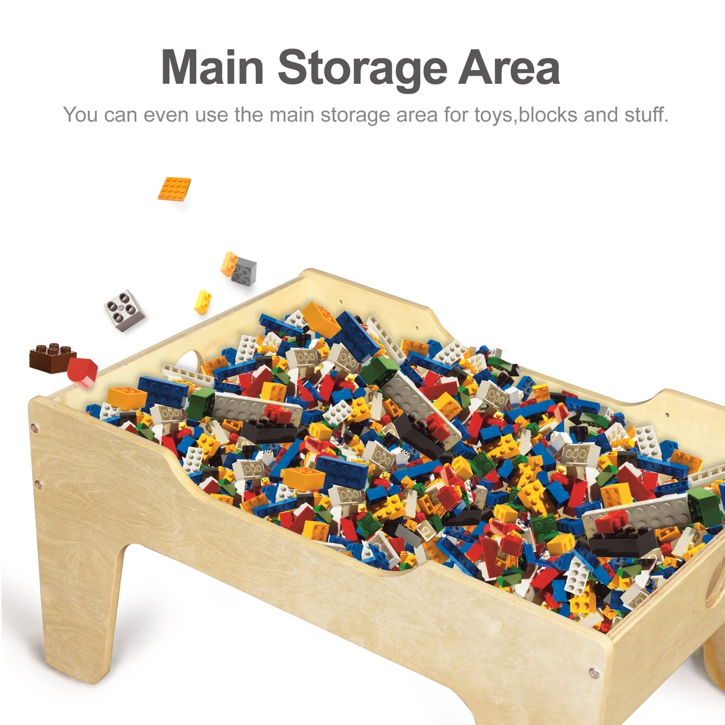 KRAND Kid's All-in-One Activity Play Table with 290 Building Bricks and 30-Piece Wooden Train Set Railway,Cars,Track and Accessories for Toddlers Boys and Girls Children's Toy Playset Game Desk
