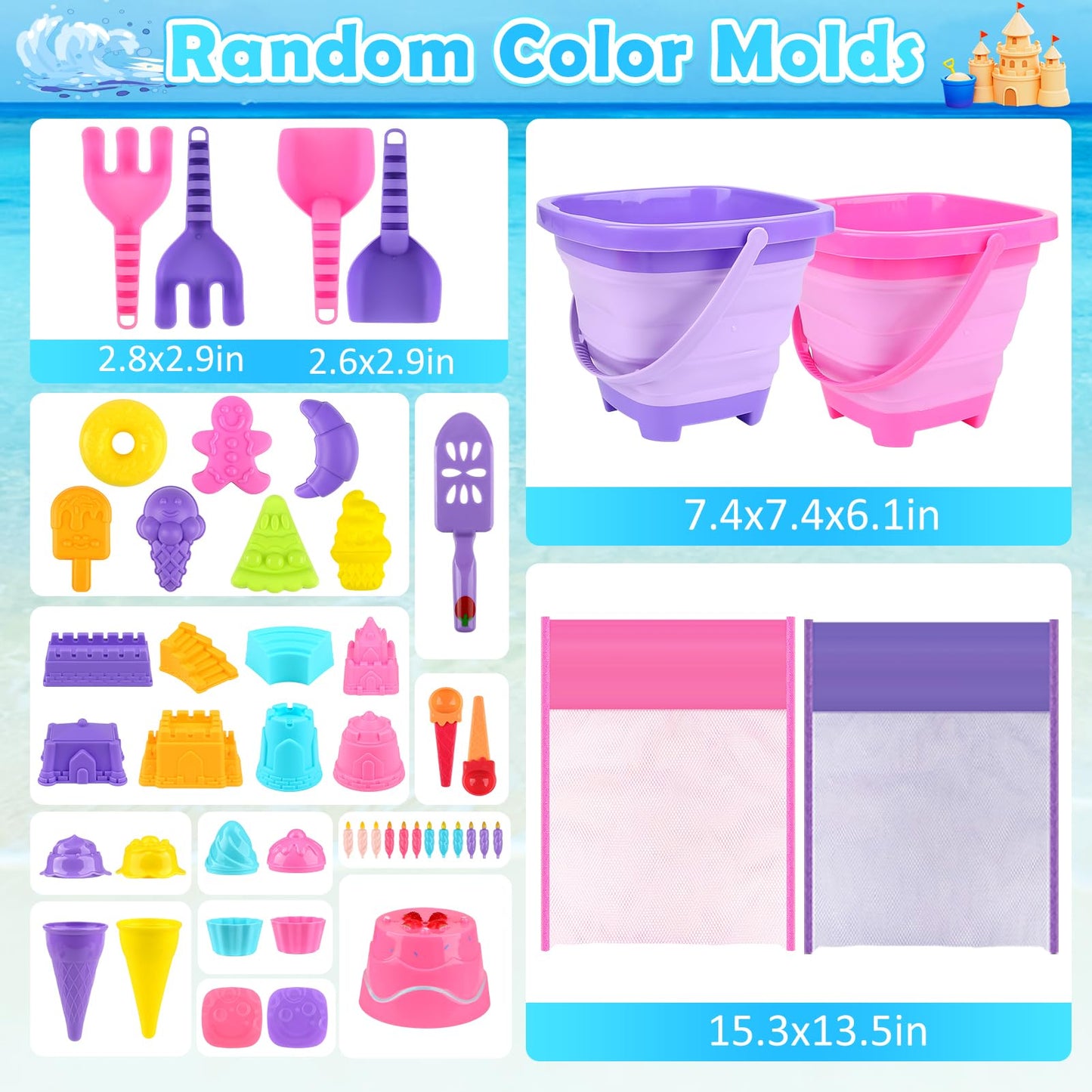 Dreamon Collapsible Beach Toys Set for Kids 3-10, Collapsible Sand Bucket with Beach Molds and Mesh Bag, 2 Pack Shovels Set Ice Cream Sand Toys for Beach, Sandbox Travel Toys for Kids Toddlers Girls