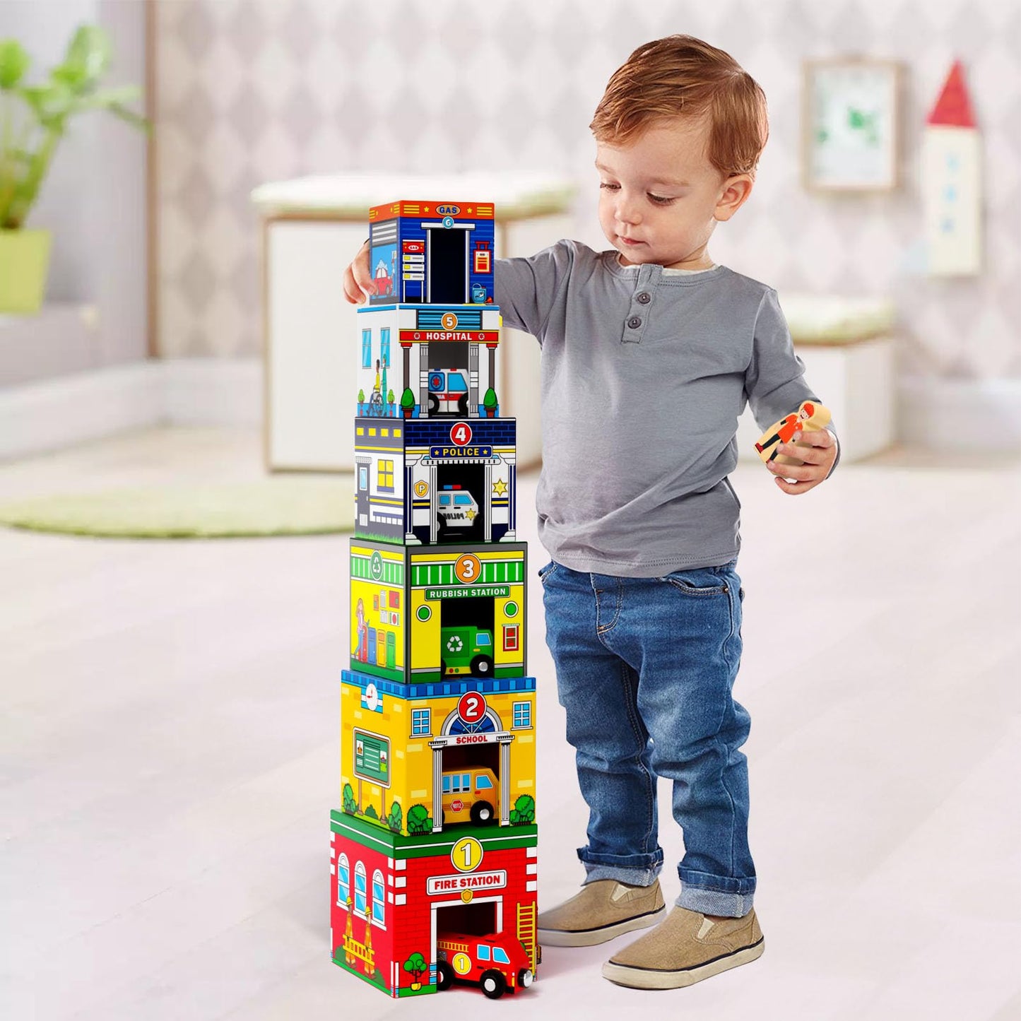 Atoylink Toddler Sorting and Stacking Toys with Magnetic Wooden Cars & Community Helpers, Baby Number Blocks Nesting Boxes Preschool Learning Montessori Toys for 1 2 3 Year Old Boys Girls Gift