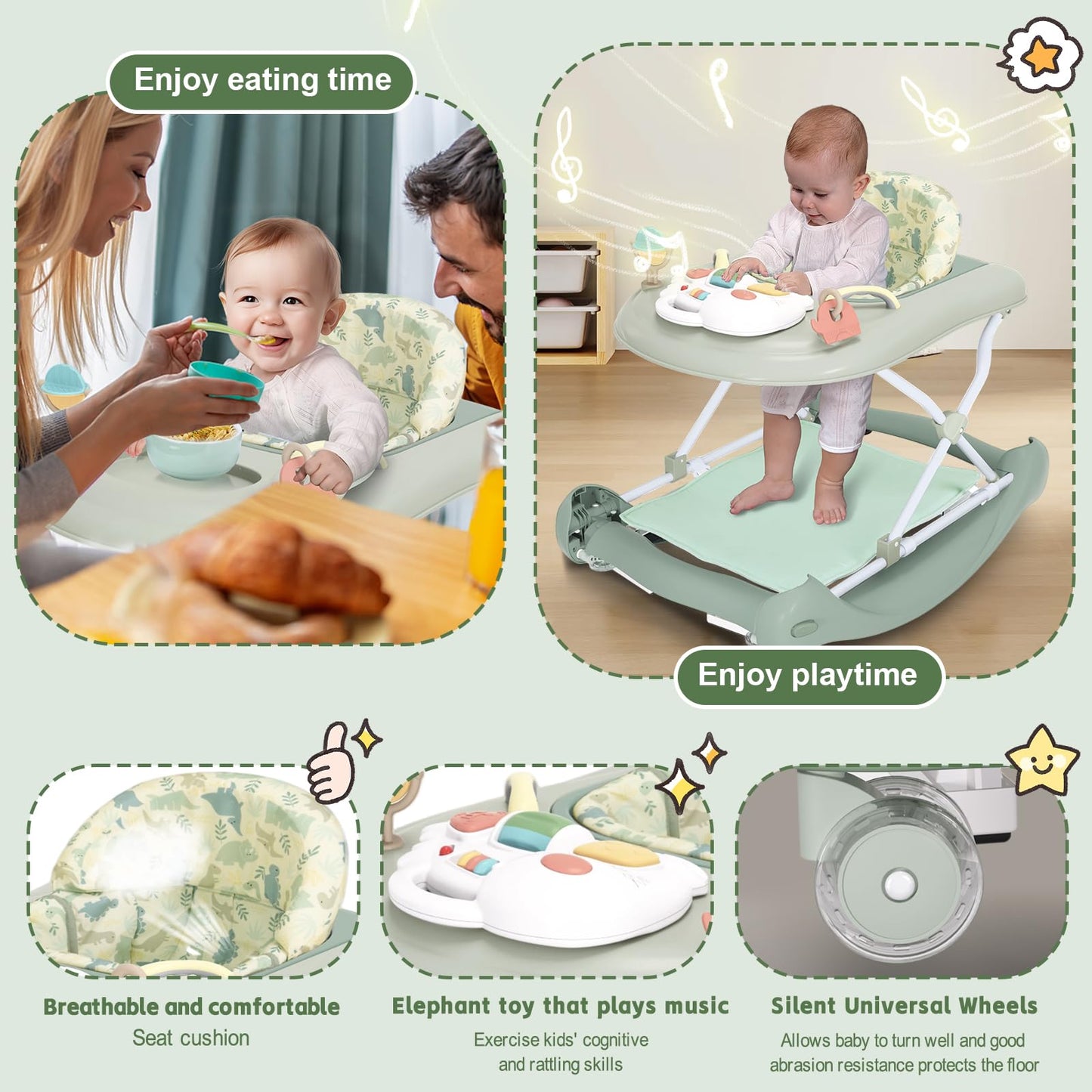 5 in 1 Foldable Baby Walker,Activity Baby Walker-Baby Bouncer,Rocker,Activity Center,Seat and Push Walker,Detachable Footrest Mat,Adjustable Speed Rear Wheels and Height,Ages 6-18 Months (Light Green)