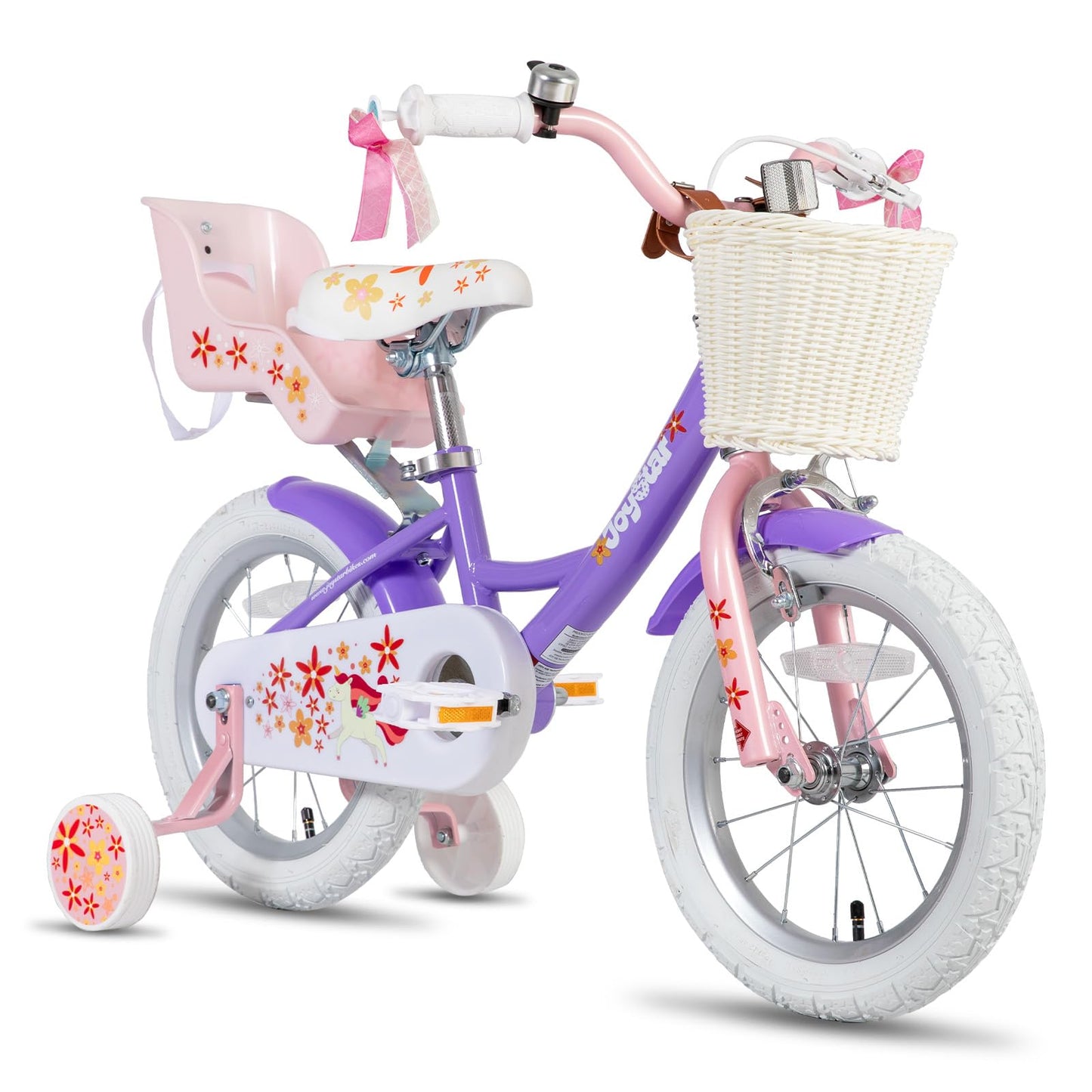 JOYSTAR Unicorn 16 Inch Kids Bike for 4-6 Years Old Princess Girls Bike with Doll Bike Seat Training Wheels Basket Streamer Children Bicycle Purple