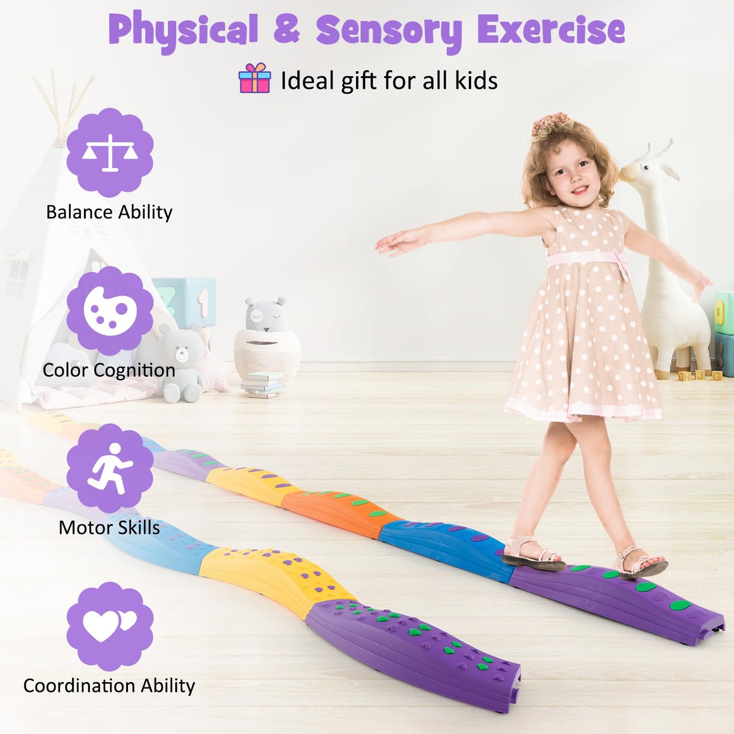 Costzon Wavy Balance Beam for Kids, 20-Piece Toddler Stepping Stones w/Textured Surface & Non-Slip Foot Pads, 180 LBS Weight Capacity, Coordination Blocks Gym Set, Obstacle Course Toys for Girls Boys