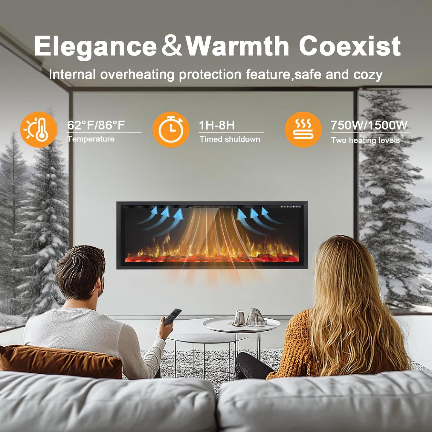 PRETZI 60" Electric Fireplace Ultra Narrow Aluminum Frame & Wide Screen, Electric Fireplace Inserts/Wall Mounted with Heater, Adjustable Flame Color and Brightness, Remote Control/Timer, 750/1500w