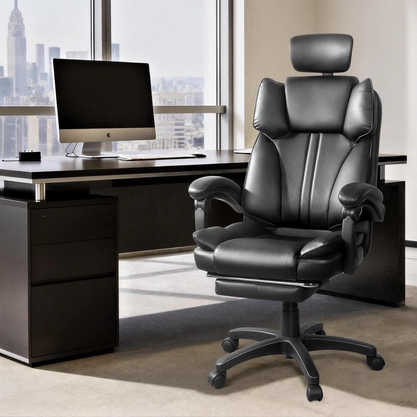 Big and Tall Office Chair Comfy Ergonomic Leather Computer Desk Chair with Headrest High Back Reclining Executive Chair with Footrest, Black