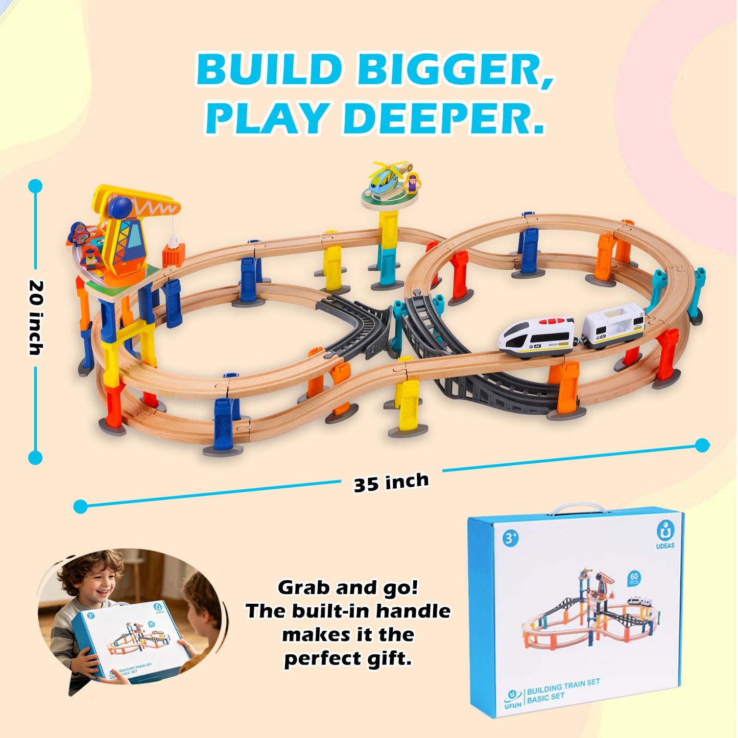 60Pcs Wooden Train Track Set, 203-inch Track Length, Train Bridge Toy Set for Toddlers, Scenario Building Blocks Toddler Toys with Airplane and Magnetic Crane, Birthday Gift Ideas for Boys and Girls