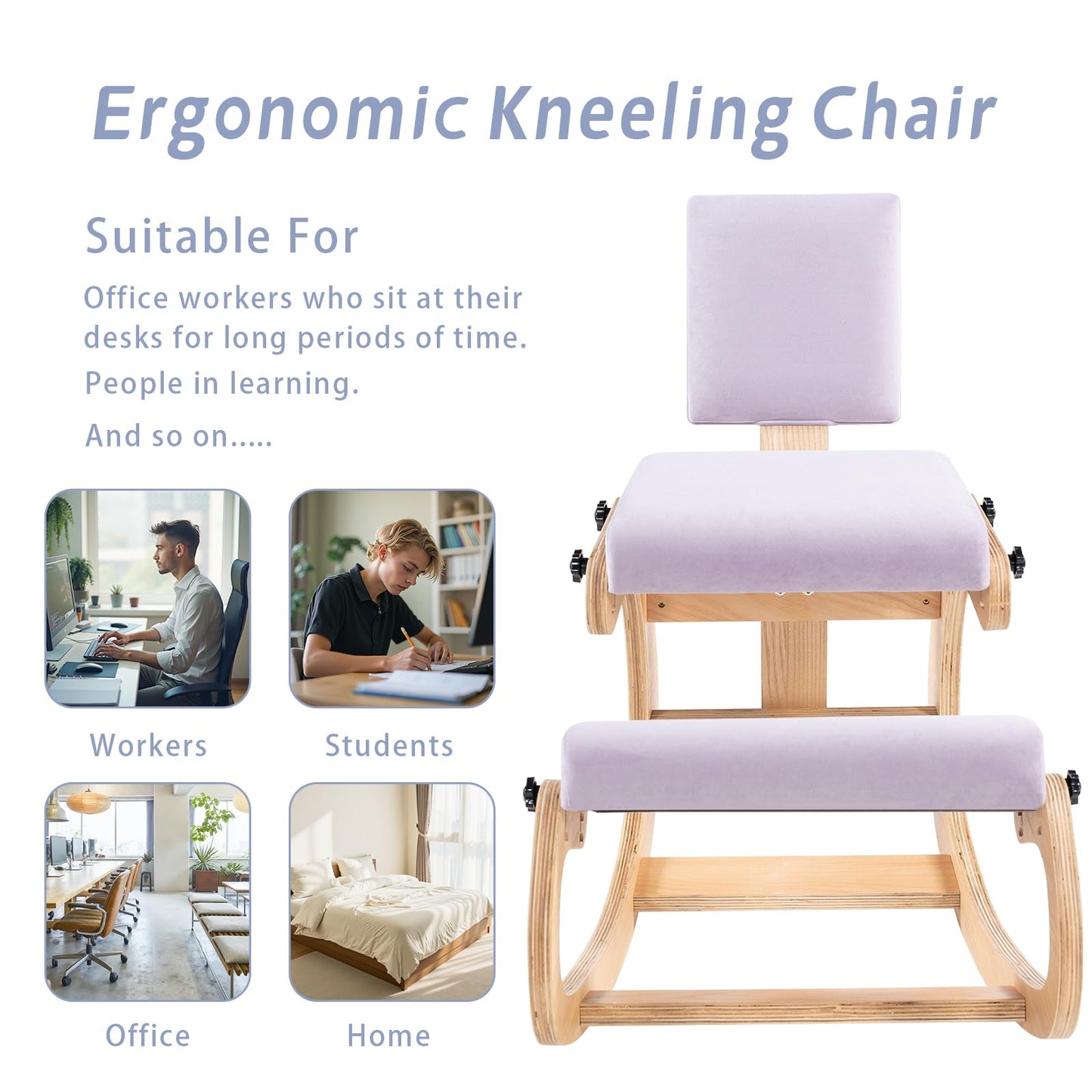 VDNEND Ergonomic Kneeling Chair with Back Support,Wooden Kneeling Chair Desk for Work, Rocking Office Kneel Chairs for Relieve Back Pain, Kneeling Posture Chairs for Gaming,Home (Light Purple)