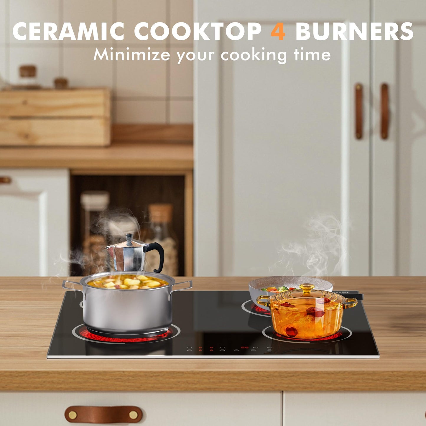 Jessier Electric Cooktop 24 Inch - 4 Burner Drop-in(22.05"x19.3") Electric Ceramic Cooktop, Electric Stove Top with Glass Protection Metal Frame, 9 Heating Level, 6000W, 220V Hard Wire(No Plug)