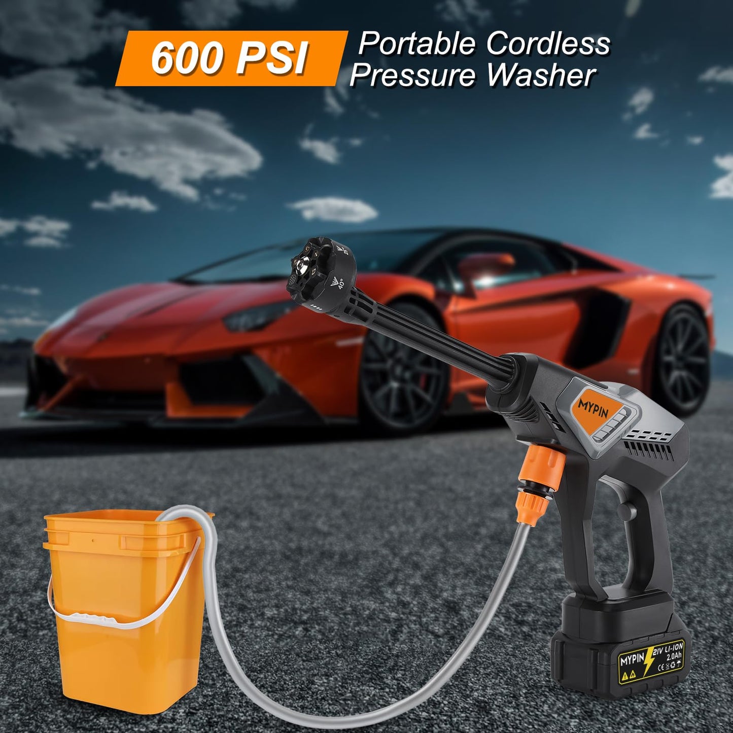 Portable Cordless Pressure Washer, 600 PSI with 21V 2 Rechargeable 2.0Ah Powered Pressure Washer, 6-in-1 Nozzle with 2 Batteries for Car/Fence/Garden/Floor/Yards Cleaning