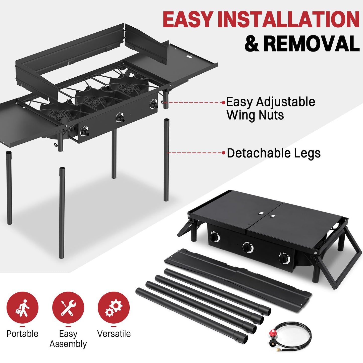 3 Burner Propane Camp Stove | 225,000 BTU Gas Burners | Side Shelves | Windscreen | Waterproof Cover | Detachable Legs | Ideal for Camping Backyard Outdoor Cooking