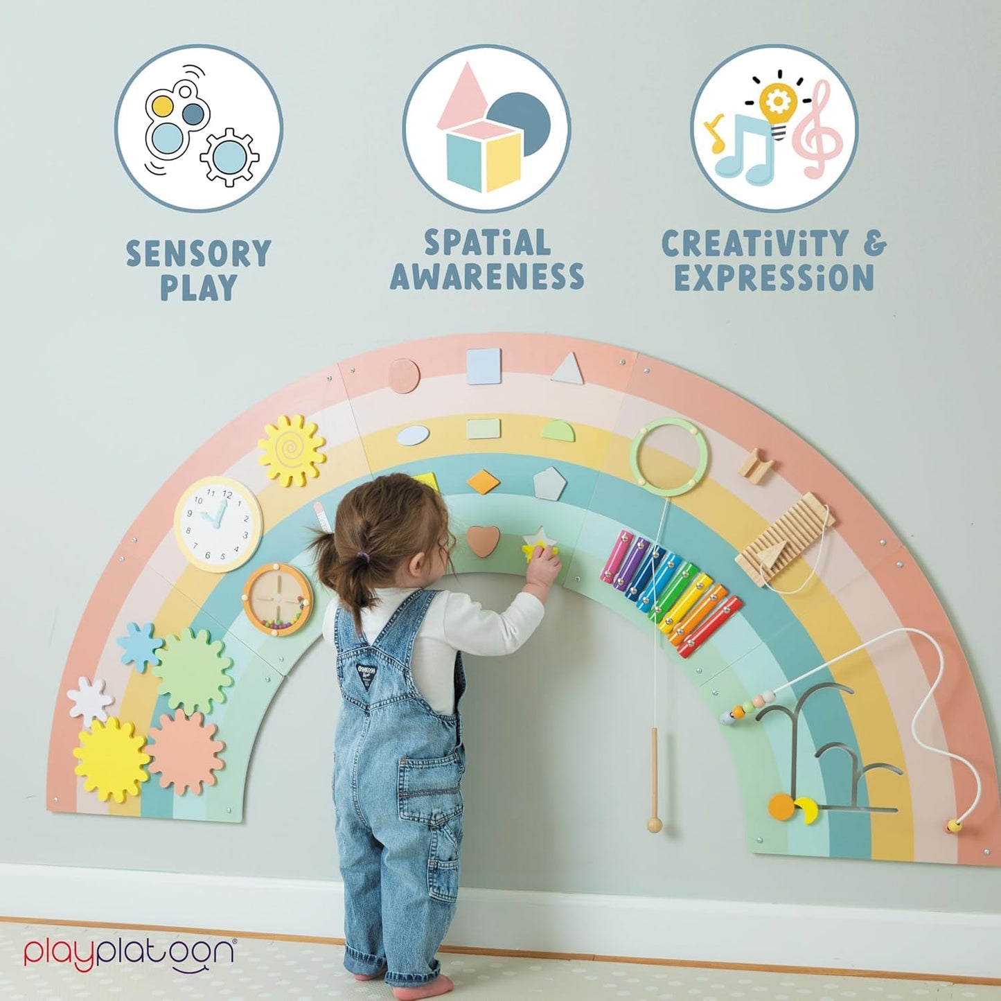 Play Platoon Kids Sensory Wall Panel, Activity Wall Busy Board Toys for Toddlers 1-3, Sensory Board - 64x32 inch Neutral Wooden Rainbow with 11 Activities for Montessori Playroom