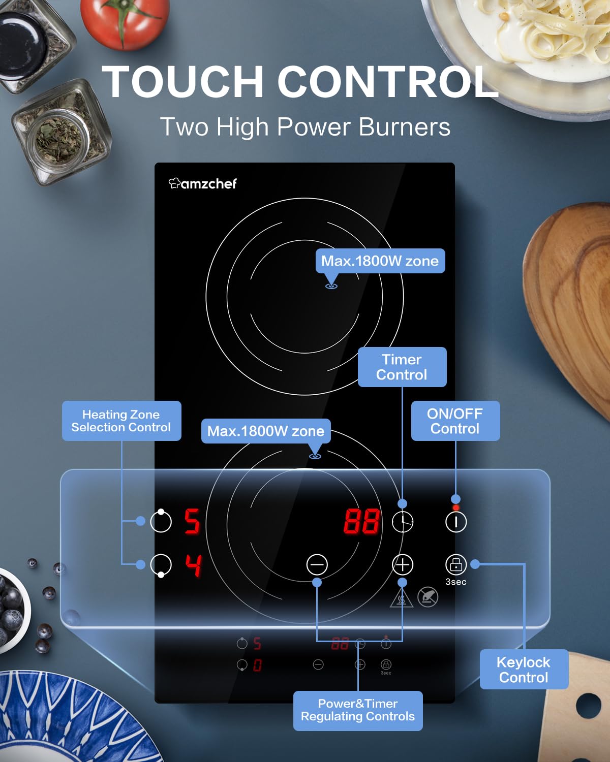 AMZCHEF Induction Cooktop 2 Burners, 12 Inch Bulit-in & Countertop Induction Stove with Plug 110V-120V, 9 Power Levels Electric Stove 1800W, Safety Lock, Timer, Touch Control for Fast Cooking