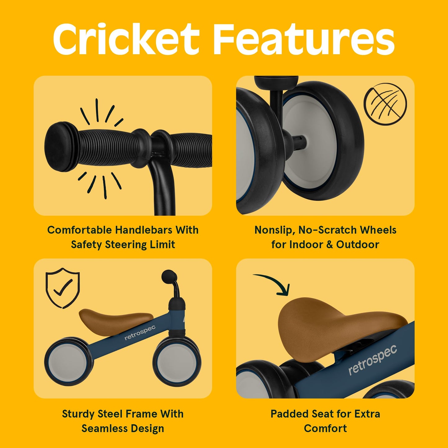 Retrospec Cricket Baby Balance Bike, 4-Wheel Ride-On Toy for Ages 12-24 Months – First Bike & Toddler Bike for 1 Year Old Boys & Girls, First Birthday Gift