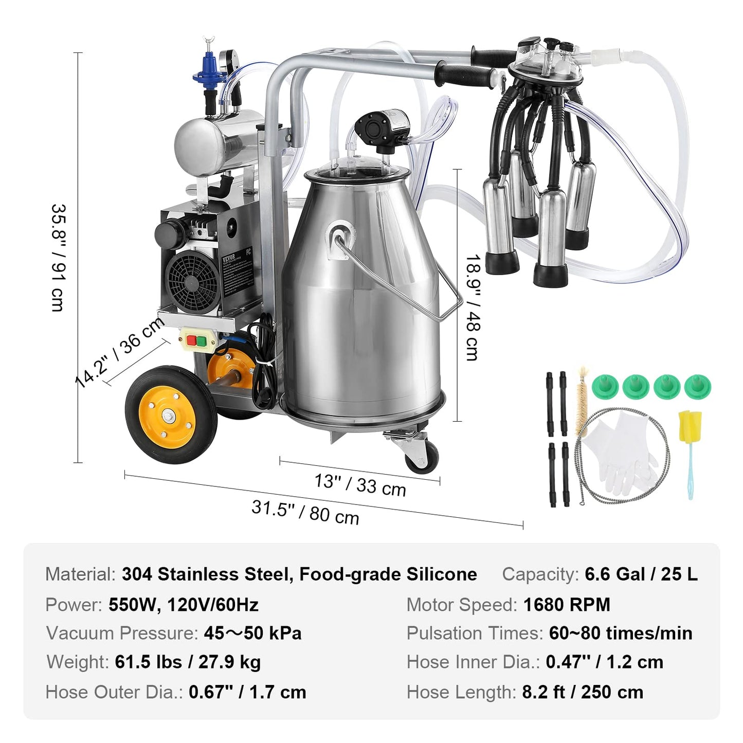 VEVOR Goat Milking Machine, 12 L 304 Stainless Steel Bucket, Electric Automatic Pulsation Vacuum Milker, Portable Milker with Food-Grade Silicone Cups and Tubes, Adjustable Suction for Cows and Sheep