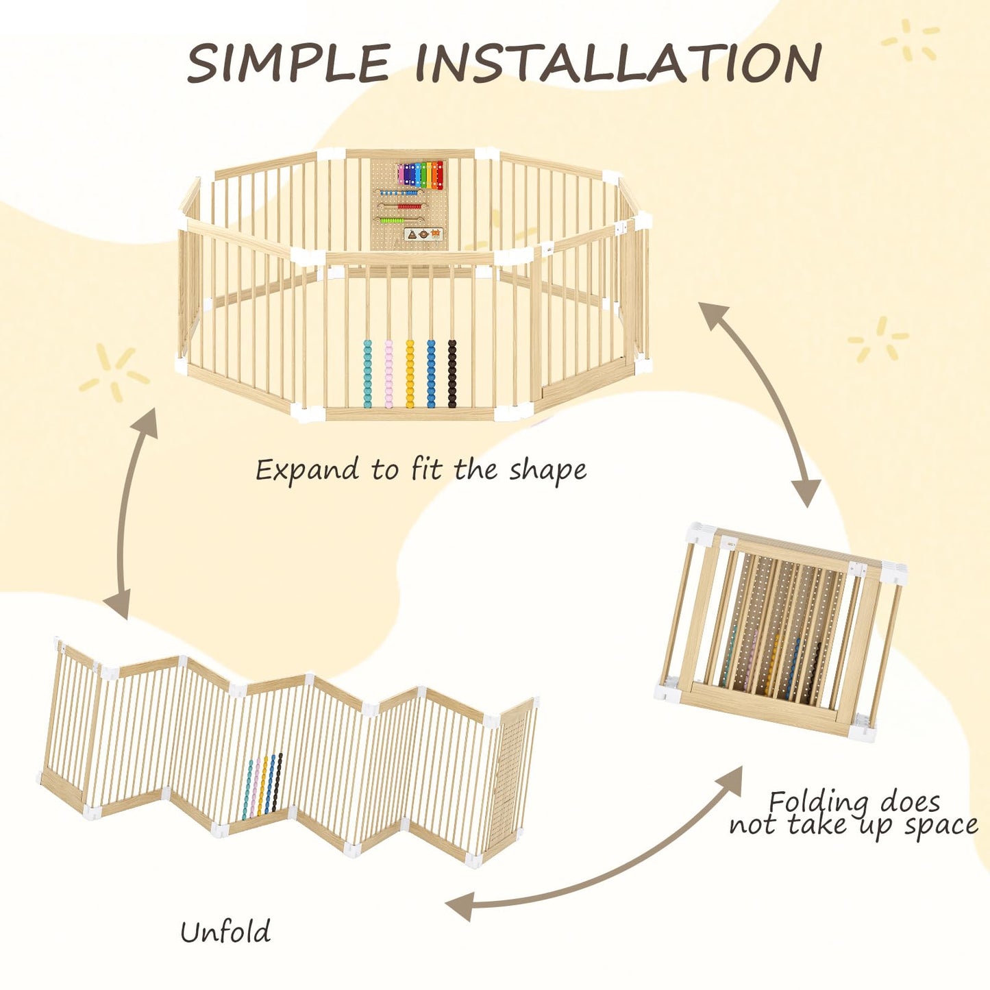 EXPERLAM Baby Playpen - Wooden Playpen for Babies and Toddlers, Foldable Play Pen with Locking Gate, Portable Baby Fence with Adjustable Shape and Size, Extra Large Toddler Play Yard (58X58x23.5Inch)