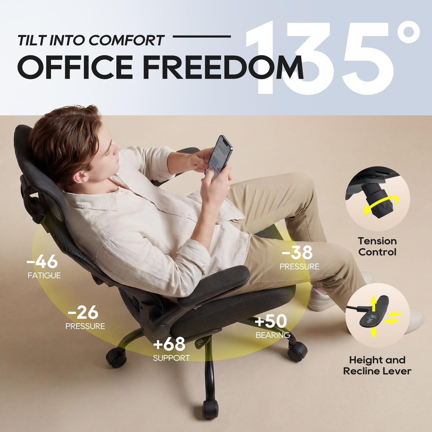 Zeonsit Ergonomic Office Chair, High Back Mesh Desk Chair with Adjustable Lumbar Support & Headrest, Flip-up Armrest, Computer Task Chairs for Home and Executive Office (B-Black)