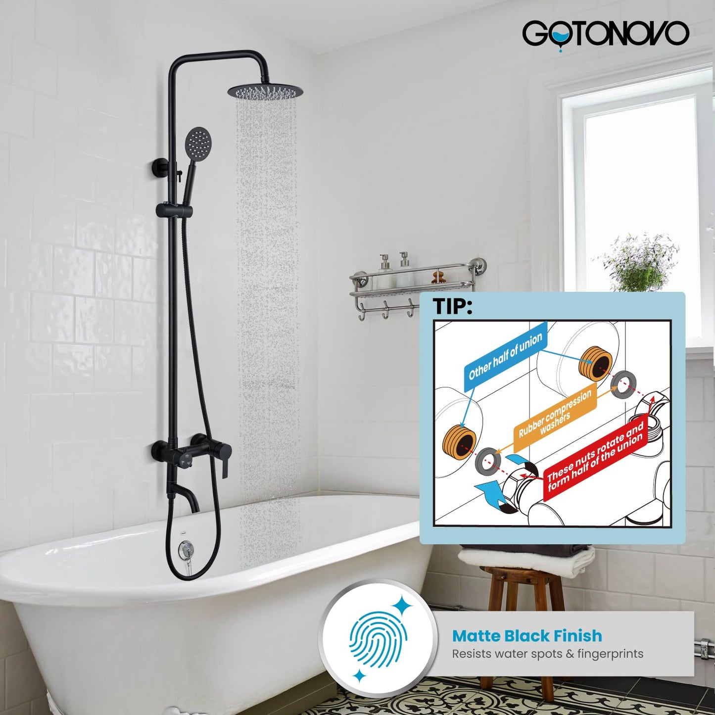 gotonovo Outside Shower Fixture Wall Mount Matte Black SUS 304 Stainless Steel Triple Function with Hand Sprayer and Tub Spout 8 Inch Rainfall Shower Head Shower faucet Set Bathroom Complete Set