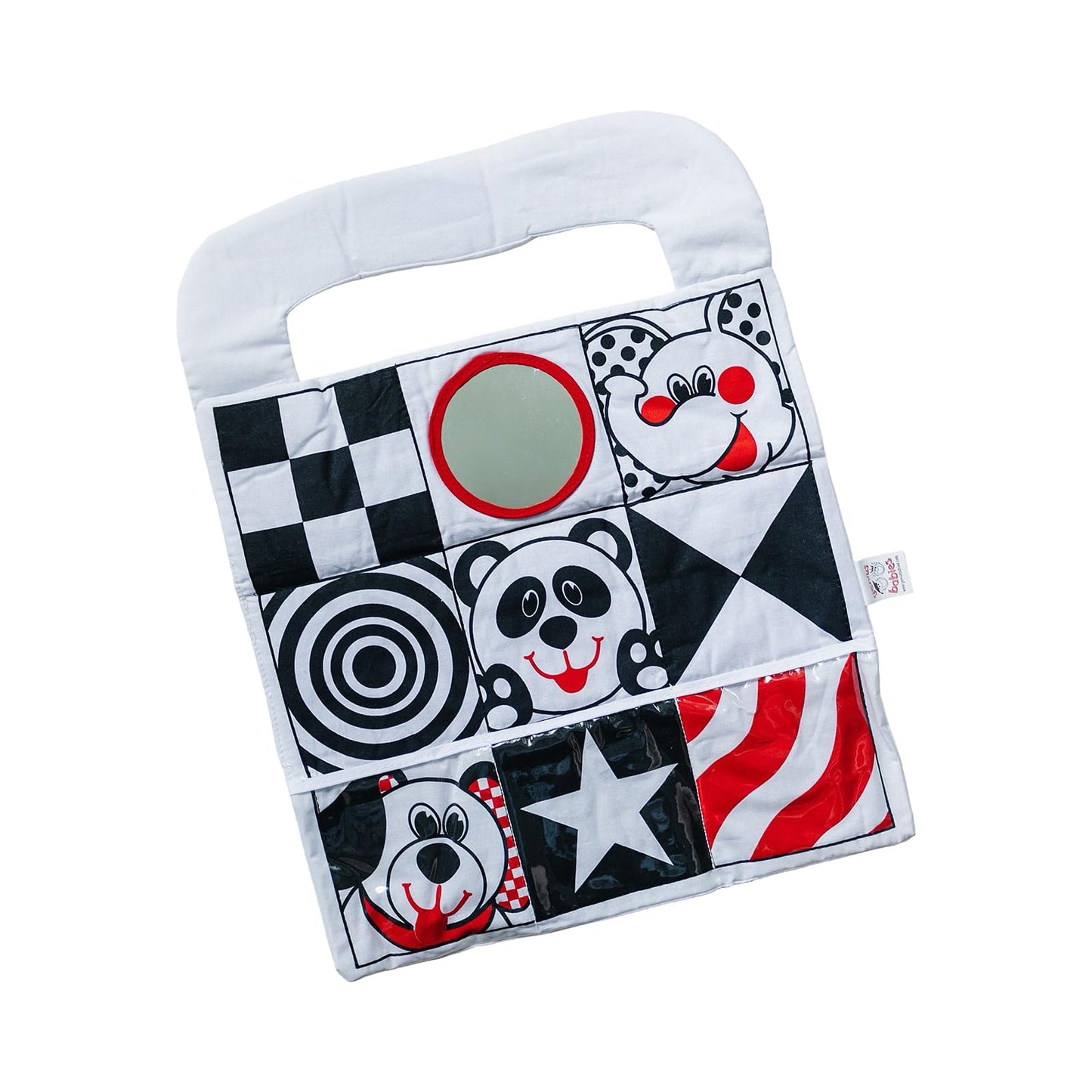 Car Toys for Babies - Infant Car Seat Toy with High Contrast Colors, Reversible Design, Baby Safe Mirror and Storage Pocket - Easy to Attach and Clean, Infant Carseat Toy