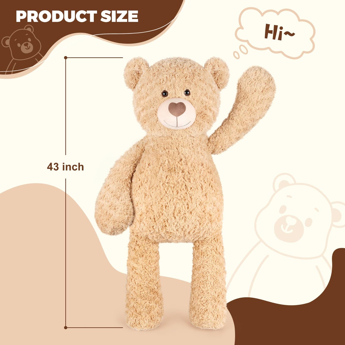 SuzziPals 43 inch Giant Teddy Bear Stuffed Animal, Lifelike Stuffed Animals for Stress Relief & Companion, Extra Soft Fluffy Big Plushies Hugging Pillow, Jumbo Teddy Bears Gifts for Kids Adults