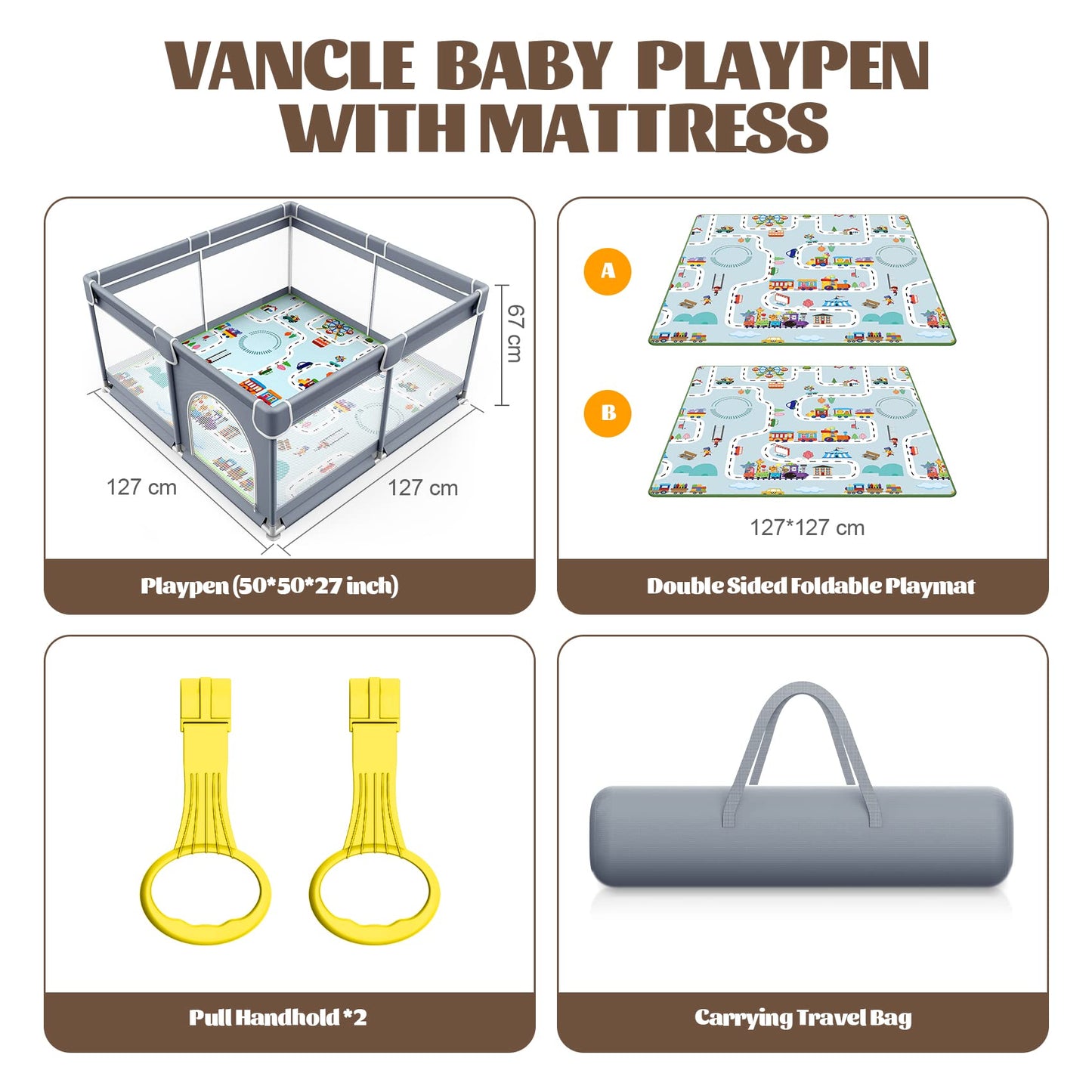 VANCLE Baby Playpen with Mat 50x50 Inch, Playpen for Babies and Toddlers, Playard for Kids Safety Play Yard Indoor & Outdoor Baby Fence Activity Center (50"x50", Gray)