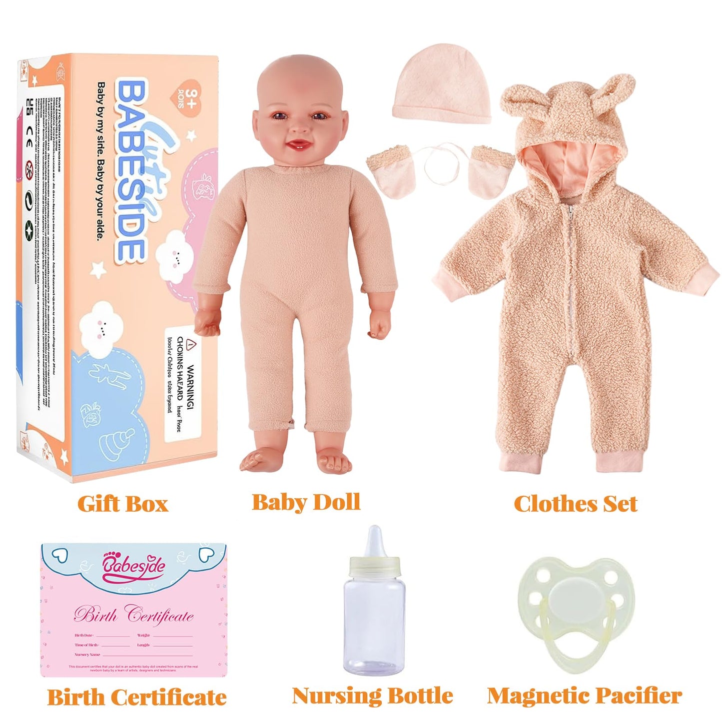 BABESIDE 15-Inch Baby Doll with Feeding Set, Lightweight First Baby Doll for Kids 3+, Realistic Baby Girl with Soft Cuddly Body for Easy Holding and Pretend Play