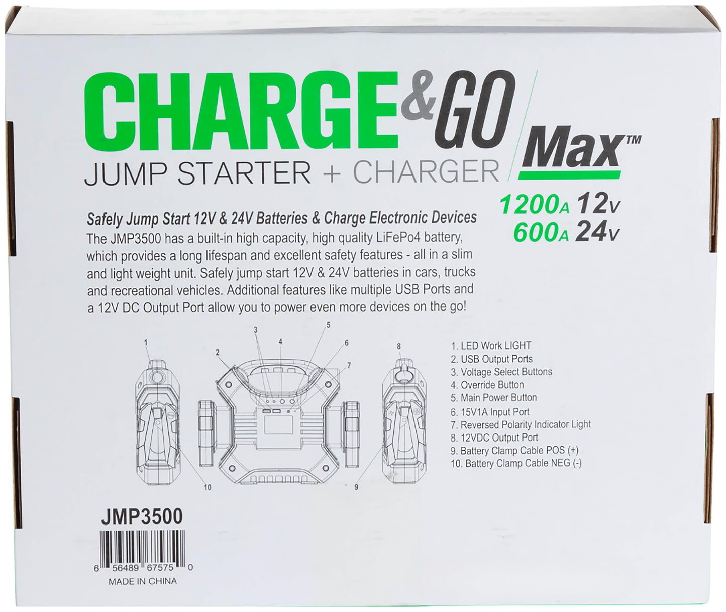 Interstate Batteries 24V, 12V Jump Starter and Charger 1200A, 600A (35,000mAH, 35Ah) Portable LED LiFePo4 Jumpstart Battery Power Pack for Automotives, USB Electronics (JMP3500)