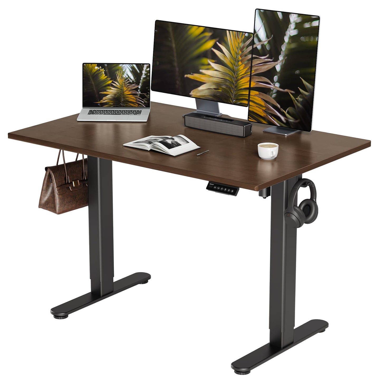 INNOVAR Solid Wood Electric Standing Desk, 48x24 Inches Adjustable Height Stand up Desk with Whole Piece Desktop, Sit Stand Home Office Desk Black Frame/Espresso Top