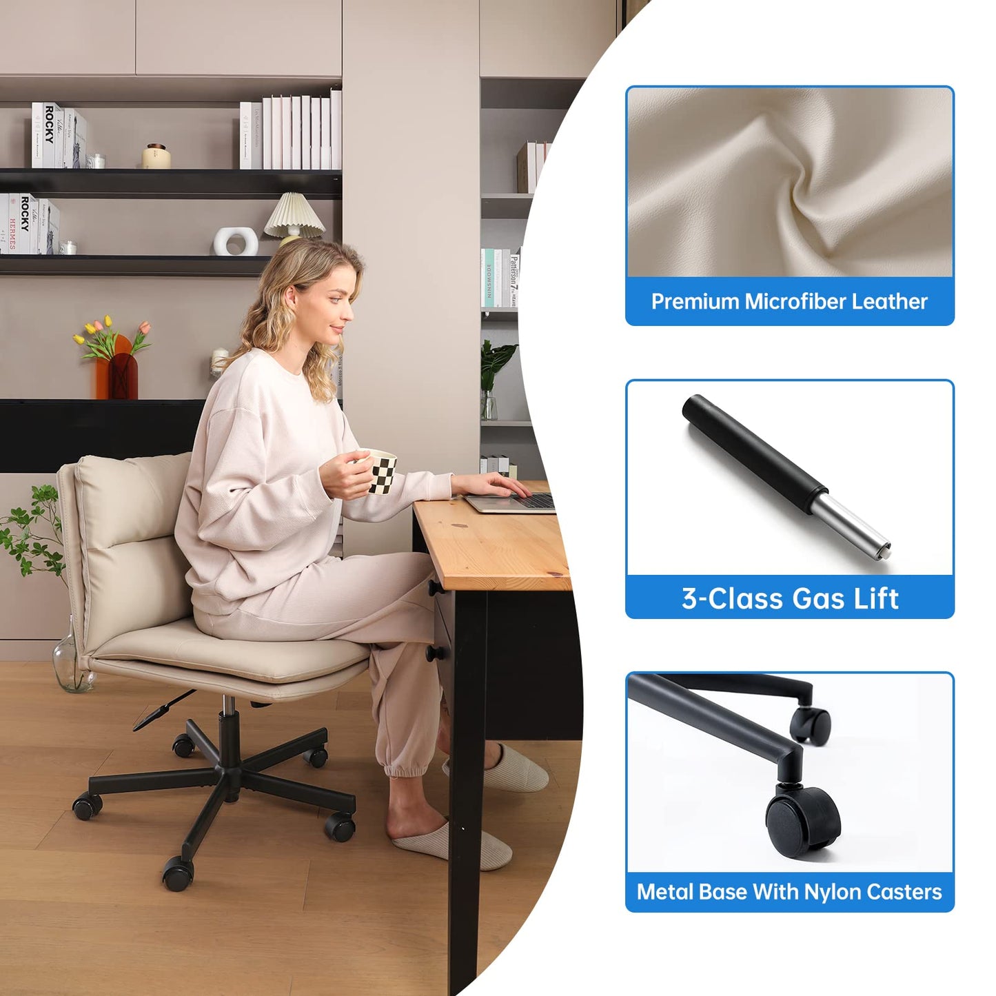 EMIAH Criss Cross Chair with Wheels Home Office Desk Chairs PU-Padded Vanity Chair Mid-Back Ergonomic Computer Chair Comfortable Adjustable Swivel Desk Chair Comfy