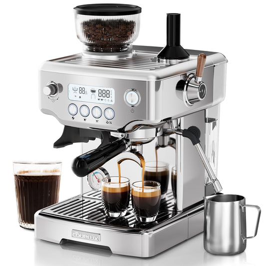 COUPLUX Espresso Machine, 4-IN-1 Professional 58MM Espresso Machine with Grinder 5 Temp Adjust & Compact Espresso Maker 15 Bar with Powerful Milk Frother, One-Touch Americano/Espresso, Stainless Steel