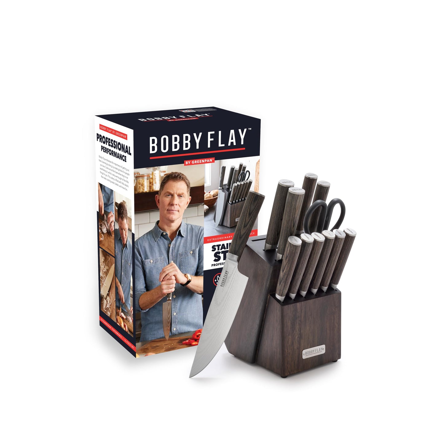 GreenPan x Bobby Flay 13 Piece Stainless Steel Cutlery Kitchen Knife Block Set, Premium Stainless Steel Blades, Acacia Wood Knife Block, Hand Finished Ergonomic Wood Handle, Damascus Steel Design
