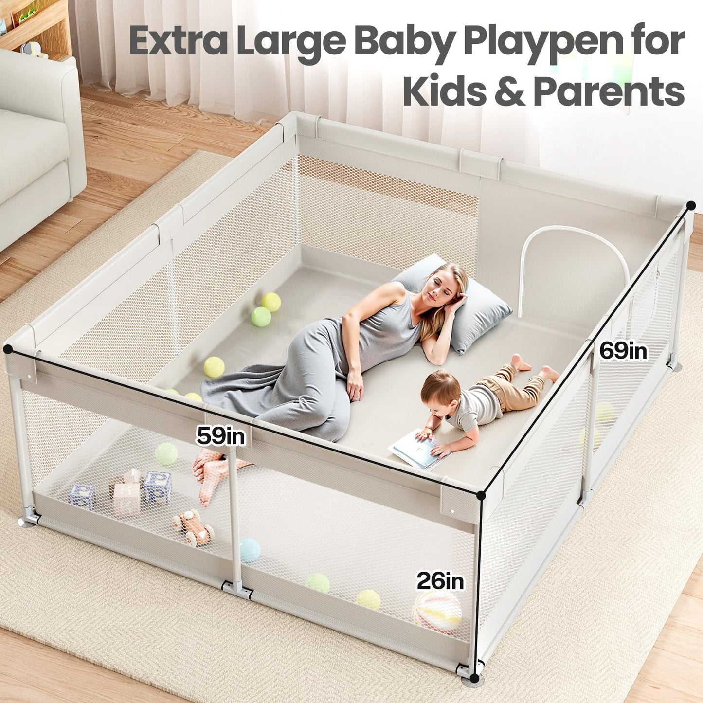 ZEEBABA Extra Large Baby Playpen - Playpen for Babies and Toddlers, Play Pen with Gate, Play Yard Baby Fence Play Area Zone Indoor, Sturdy Kids Play Pin (Gray, 69×59in)