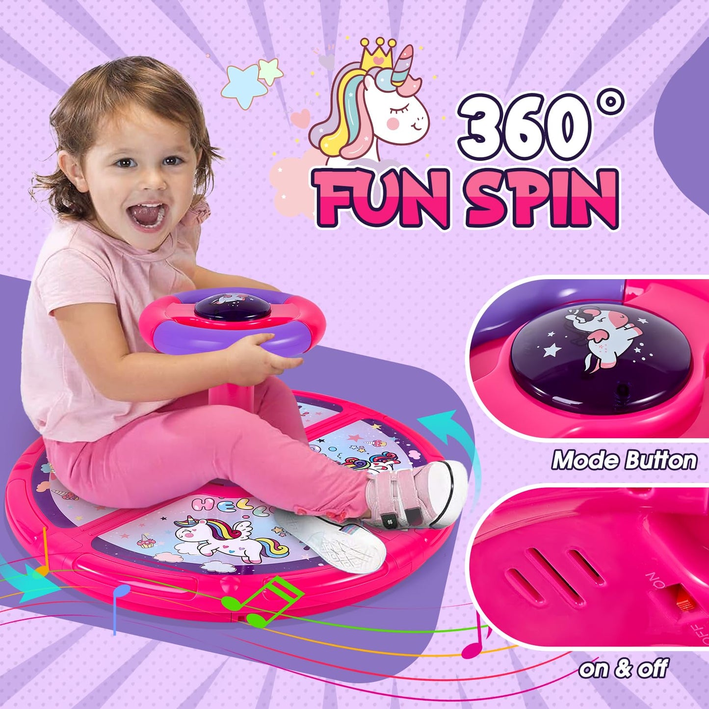 Unicorn Sit and Spin, GODELAIF Sit and Spin Toy 360° Spinning Stool Seat Sensory Toys Christmas Birthday Gift with Music & LED Lights for Kids Toddlers Girls Boys 2, 3, 4, 5, 6 Years Old