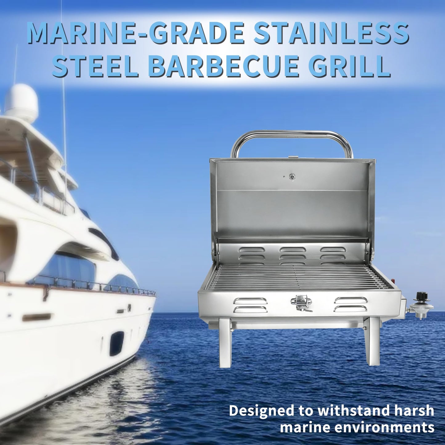 Pvrud Boat Grill Stainless Steel Marine Grade Propane Gas Grill Adjustable Rotating Barbecue Grill with Folding Legs for Boat Camping Yacht Backyard