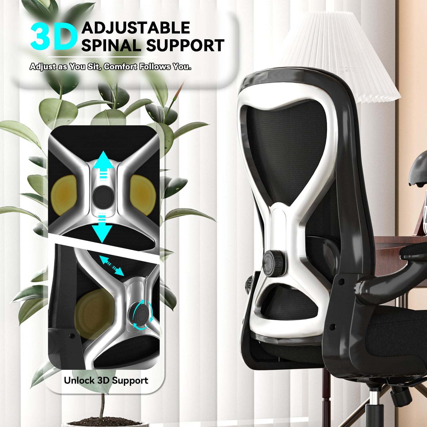 CASASIO Office Desk Chair with Ergonomic Lumbar Support, Extra-Thick Seat Cushion, Flip-up Arms, Breathable Mesh Back, Computer Task Chair for Home Office