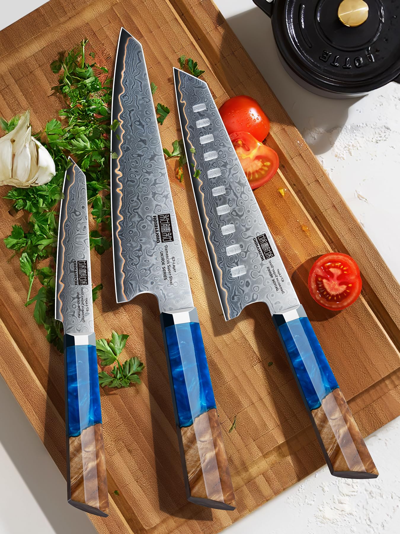 HOSHANHO Damascus 3 Pieces Knife Set, Professional 67-Layer Damascus Steel Kitchen Knife Set, Ultra Sharp Japanese Chef Knives Set with Ergonomic Blue Resin Stabilized Handle & Wood Gift Box
