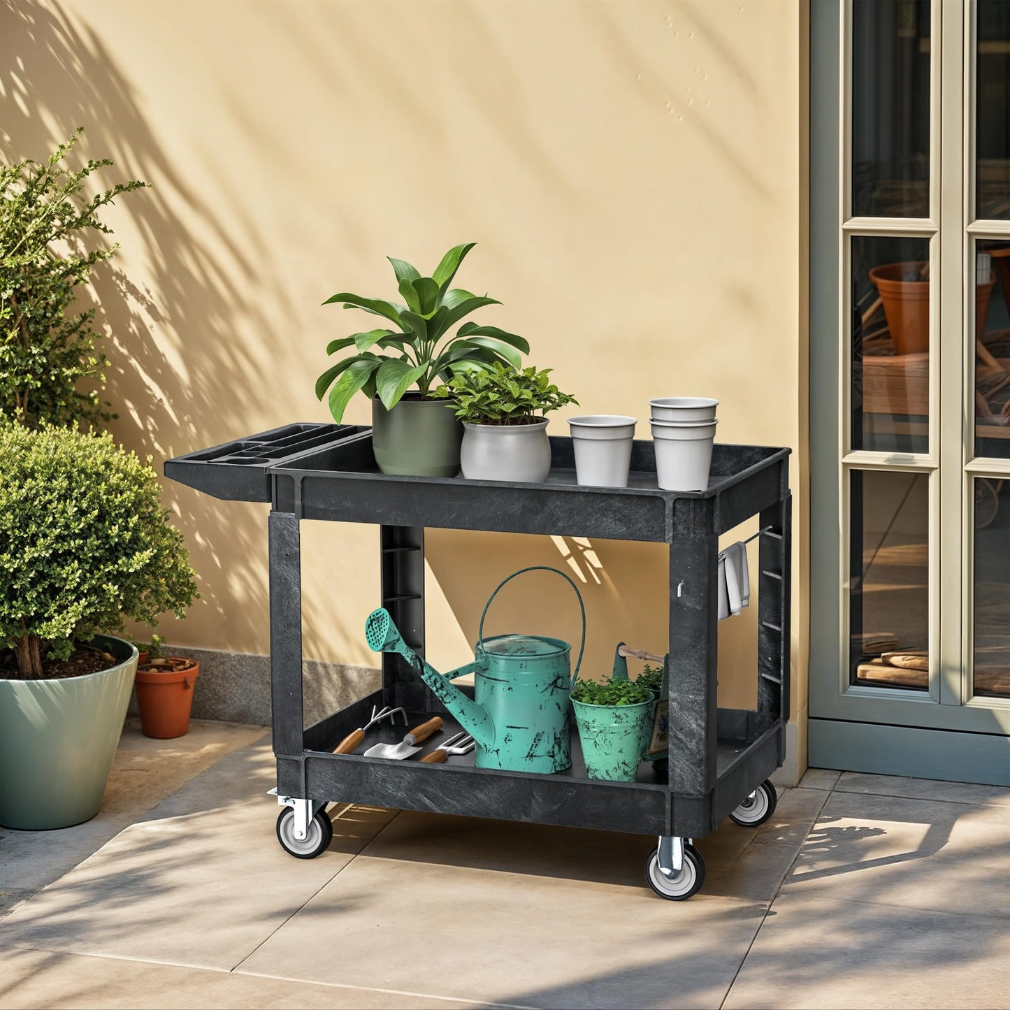DWVO Utility Service Cart on Wheels, 550 lbs Capacity, 45 x 25 Inch Rolling Work Carts with Wheels, 2 Shelf Heavy Duty Plastic Cart Suitable for Warehouse, Garage, School & Office, Cleaning, Black