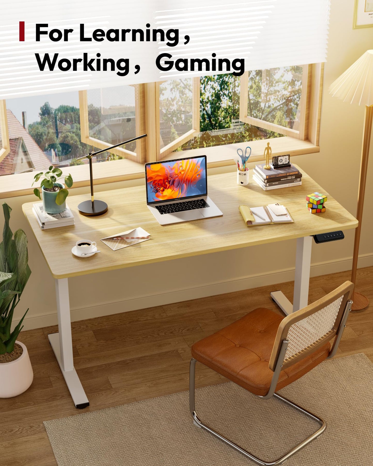 SANODESK Electric Standing Desk 48 x 24 Inches Whole-Piece Desktop Height Adjustable Stand Up Desk w/6-Button Controller Ergonomic Computer Desk for Home Office, White Frame + Natural Tabletop