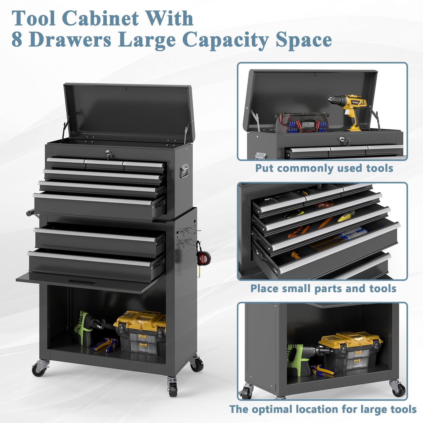 HOWSVN Tool Chest, 8 Drawers Rolling Tool Cabinet, Removable Cabinet Storage Tool Box with Hooks and Liners,Universal Lockable Wheels, Metal Tool Storage Cart, Tool Box for Garage, Workshop