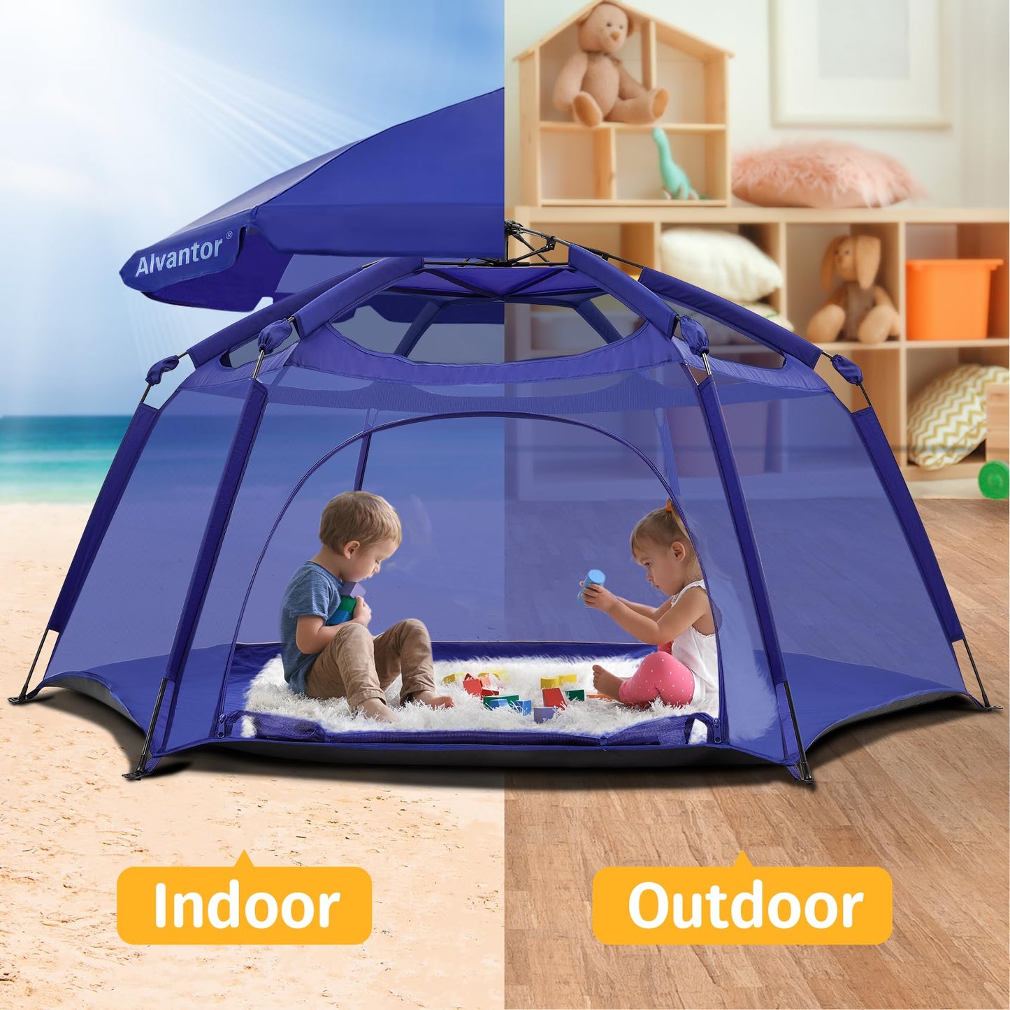 Alvantor® Baby Playpen Pop Up Play Yard 84"x84"x44”Large Kids Play Tent Indoor Outdoor Playhouse Mesh Play Pen, Mosquito Net Playpen Camping Beach Playground for Babies Toddlers Infant, Navy