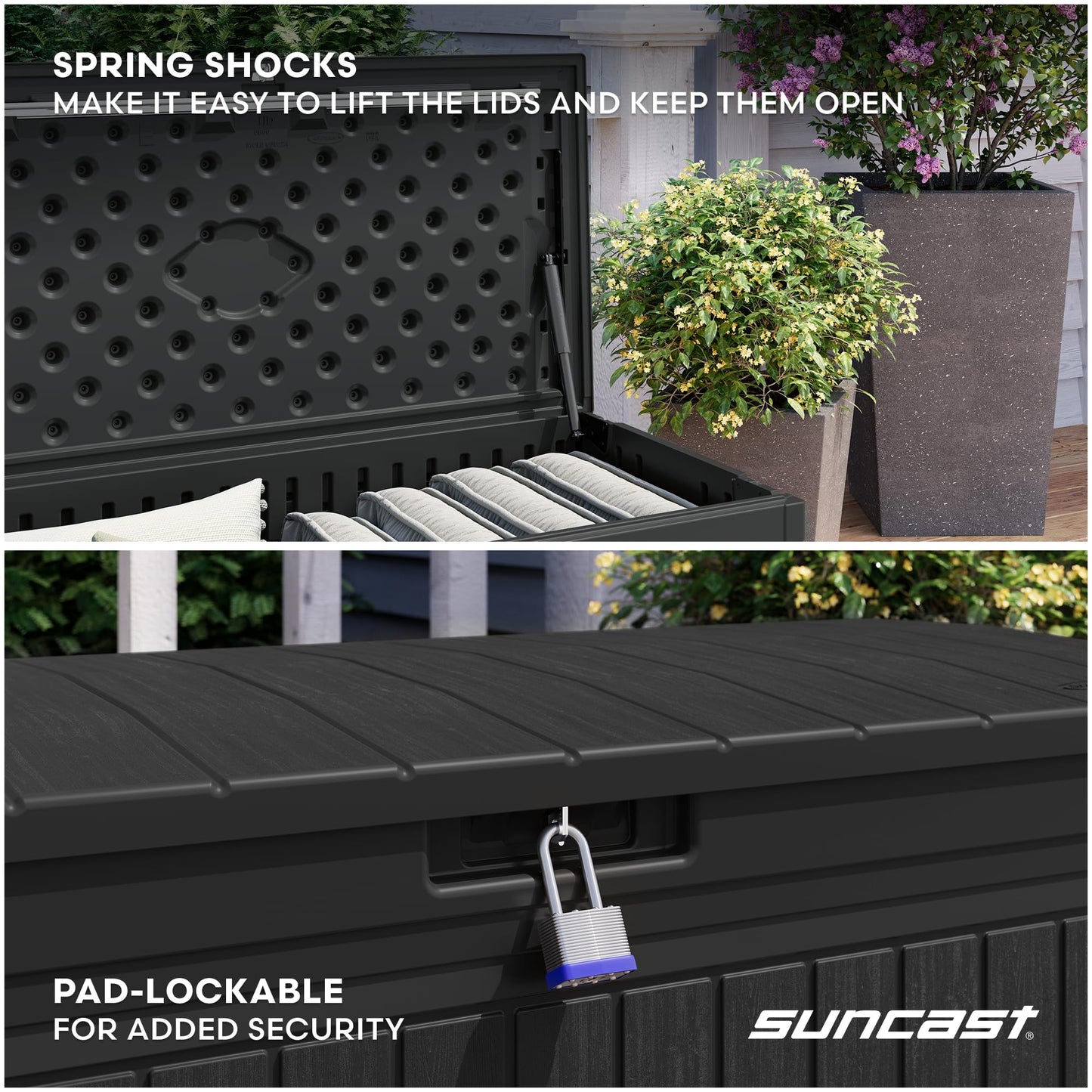 Suncast 80-Gal. Resin Large Outdoor Patio Deck Box with Pad-Lockable Lid, Modern Outdoor Patio Bench/Storage Box for Cushions, Garden Tools, and More, Iron Ore